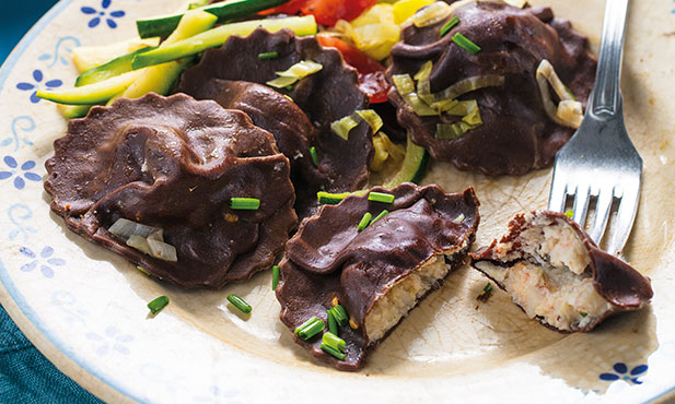 Ravioli de cacao y camarón